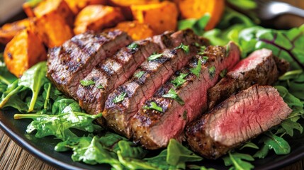 Grilled steak with mixed greens and roasted sweet potatoes, healthy balanced meal generative ai