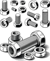 Isometric Vector Set of Bolts, Nuts, and Screws, Engineering Fasteners Illustration.