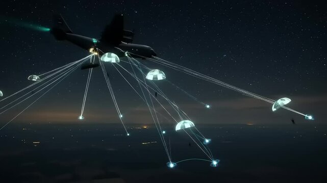 Military aircraft performing a nighttime parachute drop over a vast landscape with glowing parachutes