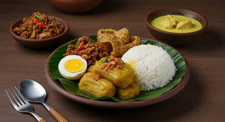Nasi Campur Indonesian Rice Dish with Meat and Vegetables