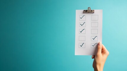Hand holding a checklist with neatly ticked boxes, concept of discipline and order, clean minimal background generative ai