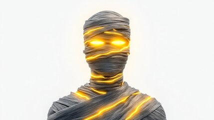 A mystical figure wrapped in bandages, glowing with vibrant energy, symbolizing ancient rituals and mystique.