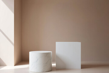 A minimalist scene with a cylinder and a cube against a neutral backdrop