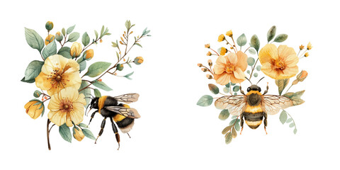 bee floral watercolor vector illustration