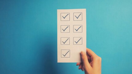 Hand holding a checklist with neatly ticked boxes, concept of discipline and order, clean minimal background generative ai
