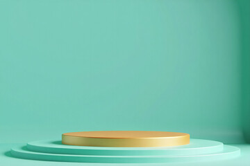 A turquoise studio backdrop with a gold platform for product presentation use