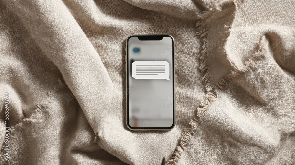 Wall mural modern smartphone with blank message notification bubble on fabric texture background in soft natura