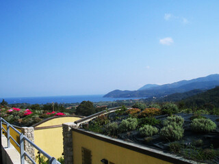 Panoramic distant view of the sea from the island of Elba, Italy, where the deep blue waters...