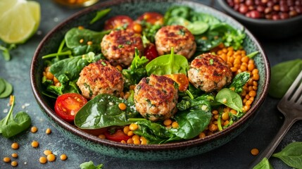 Healthy balanced plate with turkey meatballs, spinach, and lentils, nutrition and wellness concept generative ai