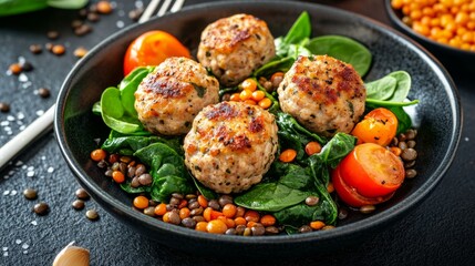 Healthy balanced plate with turkey meatballs, spinach, and lentils, nutrition and wellness concept generative ai