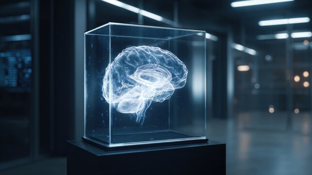 Futuristic 3D render of glowing brain in transparent cube displayed in modern laboratory setting symbolizing artificial intelligence, neuroscience and innovation for tech visuals and AI media