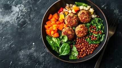 Healthy balanced plate with turkey meatballs, spinach, and lentils, nutrition and wellness concept generative ai