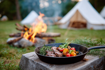 Deliciously cooked steak and vegetable in pan on log with bonfire and camping tents in background, peaceful outdoor dinner scene