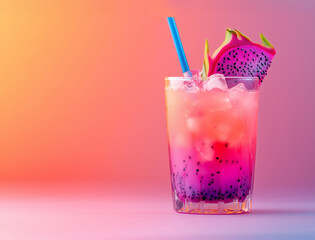 Refreshing cocktail with a vibrant dragon fruit garnish and colorful straw isolated on a gradient background