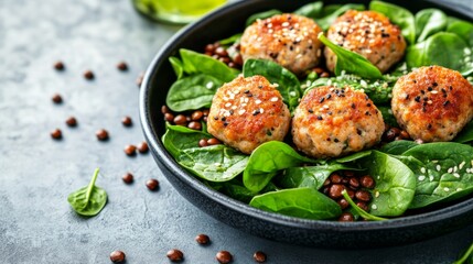 Healthy balanced plate with turkey meatballs, spinach, and lentils, nutrition and wellness concept generative ai