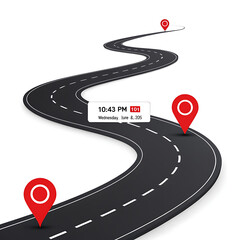 Winding road with red location markers and a time stamp on a white background illustration