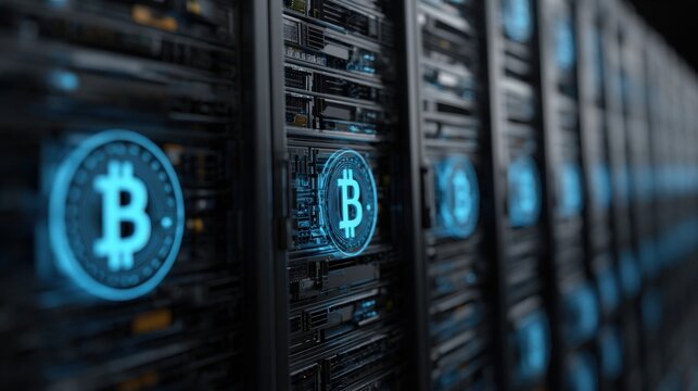 Close-up of digital bitcoin servers in dark server room with glowing crypto symbols representing blockchain technology, cryptocurrency mining and digital financial infrastructure