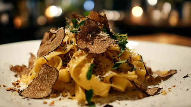 Gourmet Italian tagliatelle pasta with fresh black truffle shavings, parmesan cheese, and herbs. Luxury fine dining dish in a restaurant with bokeh background.


