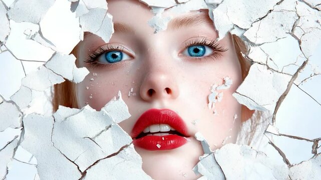 Womans face emerging from cracked white paint closeup portrait