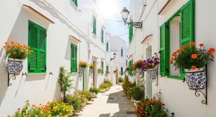 Fototapeta premium Charming mediterranean alley with colorful flowers and green shutters on a sunny day