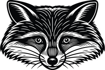 A striking monochrome fox head stares directly forward with piercing eyes and detailed fur