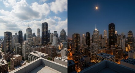 City skyline transformation from day to night with moonlit skyscrapers