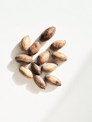 Obraz premium A group of raw cocoa beans scattered on a white surface cacao seeds organic