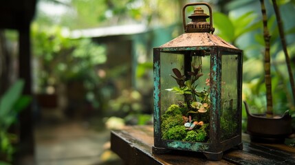 Rusty lantern terrarium with miniature plants and moss.