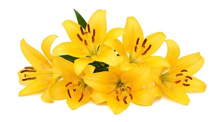 Obraz premium Vibrant Yellow Lilies Cluster Closeup Bright Floral Bouquet Yellow Flower Petals Stamens White Background