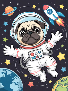Cute pug astronaut floating in space with planets and stars