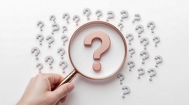 Finding answers question mark with magnifying glass searching solutions and problem solving concept