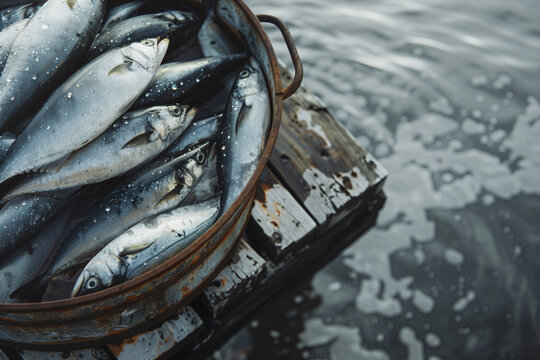Fresh fish in a rusted basket on wooden dock beside water  