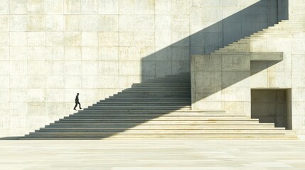 A person ascends steps against a modern architecture backdrop.
