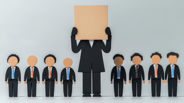 Illustration of a business team with one member showcasing a blank sign for customizable messages. - Powered by Adobe