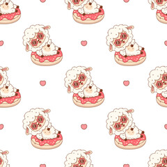 Seamless pattern Cute Summer Sheep with Sunglasses on inflatable donut