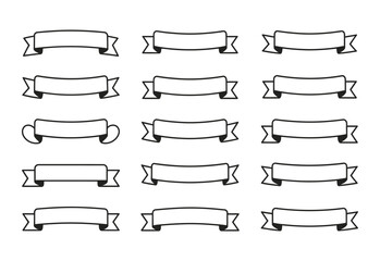 Collection of twelve simple black outline banners and ribbons on a white background