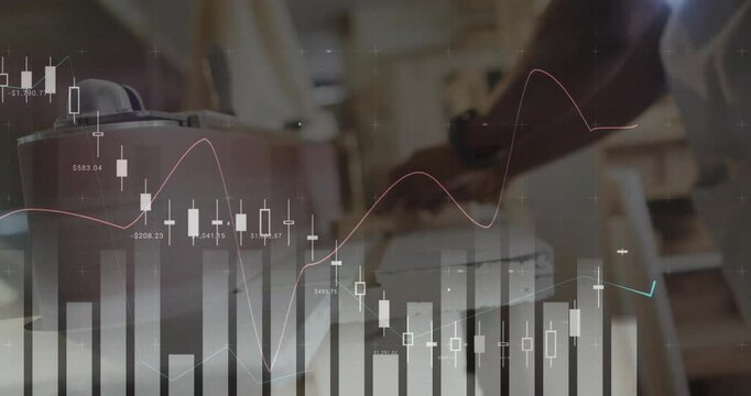 Woodworker planing plank and causing candlestick trends syncing with charts illustrating finance
