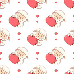 Seamless pattern Cute Sheep with Heart on pink background. Happy Holiday Valentine Farm Animal