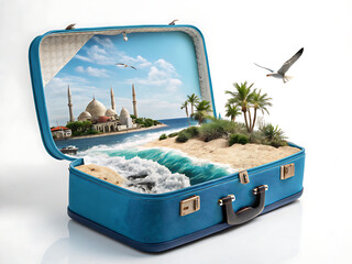 A suitcase containing a tropical beach with palm trees and a mosque on an island with a seagull flying