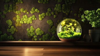 Glass terrarium with moss and small plants on a wooden shelf.