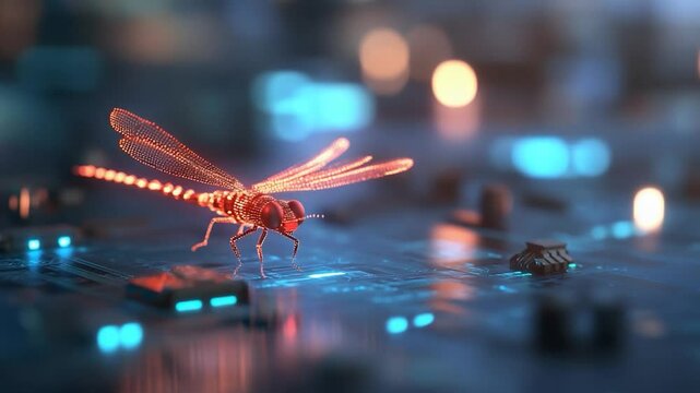 Digital dragonfly on futuristic circuit board red and blue technology background