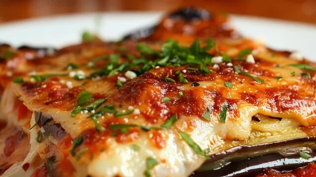 Eggplant parmigiana served on a white plate, covered with melted cheese and parsley, sitting on a wooden restaurant table