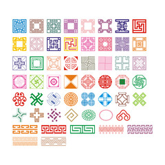 Collection of diverse geometric patterns and decorative designs in various shapes and colors, arranged in a grid on a white background.