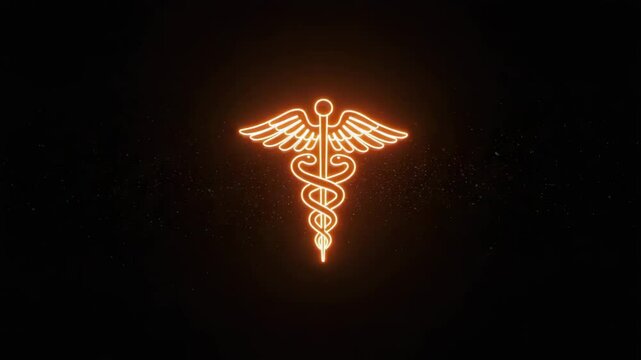 Caduceus symbol illuminated in orange on a dark background  
