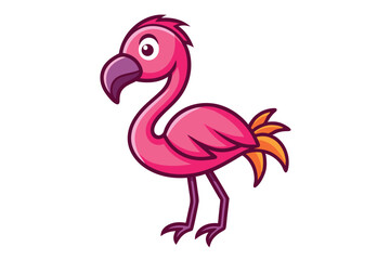 Pink flamingo cartoon with orange tail feathers stands cheerfully on a white backdrop