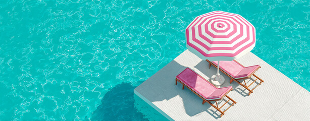 Two pink loungers and a striped umbrella by a turquoise swimming pool.