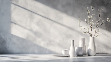 White vases and blossoms on a light gray surface.
