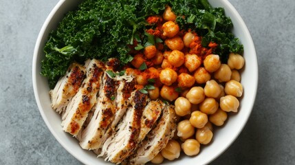 Healthy protein bowl with shredded turkey, kale, and chickpeas, fitness meal plan generative ai