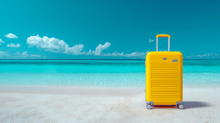 Bright yellow suitcase standing alone on a tropical beach with turquoise sea.