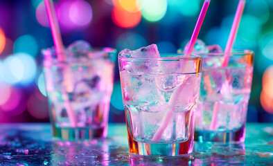 Two cocktail glasses with ice and pink straws on a neon-lit bar counter.